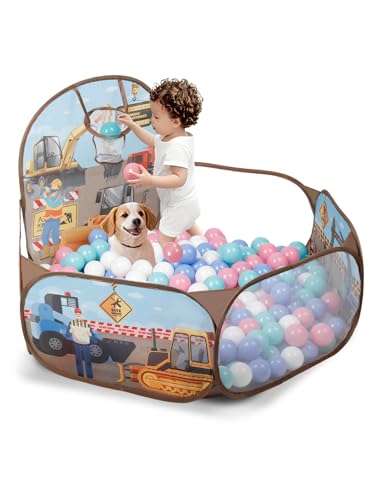 Engineering Car Kinder Ballbad für Kleinkind mit Basketball-Ring Klappbarer Pop-Up Baby Ballbad für Mädchen Jungen Indoor Outdoor Spiel Hund Ballbad 120 cm Bälle Nicht enthalten von ZimiTeda