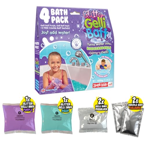 Zimpli Kids Glitter Gelli Baff Purple & Aqua, 4 Bade-Vorteilspackung, verwandelt Wasser magisch in dicke, bunte Goo, 2 x gratis Knister-Baff, sensorisches Spielzeug für Kleinkinder, Kunst und Handwerk von Zimpli Kids
