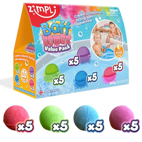 Zimpli Kids 20 x Badekugeln, schafft EIN sprudelndes Badezeitabenteuer, Bubble Bath Bomb Geschenkbox, Partytütengeschenke, Goody Bag Fillers für Kinder, organisch & feuchtigkeitsspendend, von Zimpli Kids