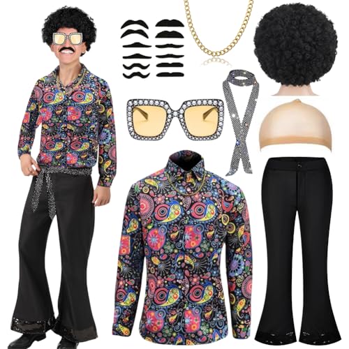 8pcs Herren 80er Jahre Kostüm 70er Retro Kostüm Disco, Hippie Kostüm Set，Dude Paillettenhemd Schlaghose Set mit Hemd Schlaghose Perücke Sonnenbrille Halskette Schnurrbart für Karneval，Party (XL) von Zinueen