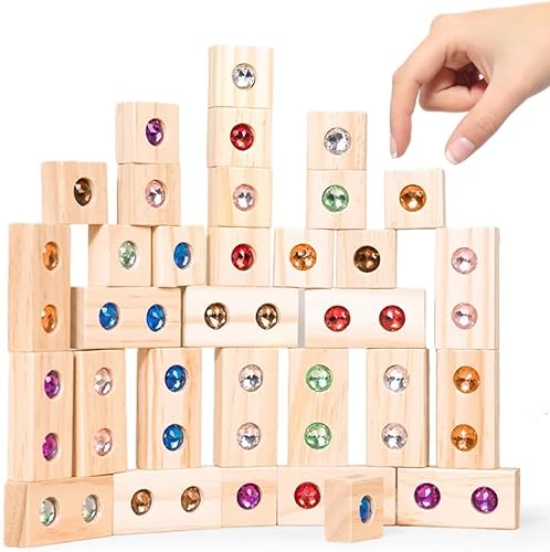 Holzbausteine Set für Kinder, Holzklötze Regenbogen Stapelblock Bauklötze Holz, Regenbogen-Stapelspielzeug Aus Mit Acryl Edelstein, Stapelturm Pädagogisches Lernspielzeug Für Kinder (32 STK) von Zinueen