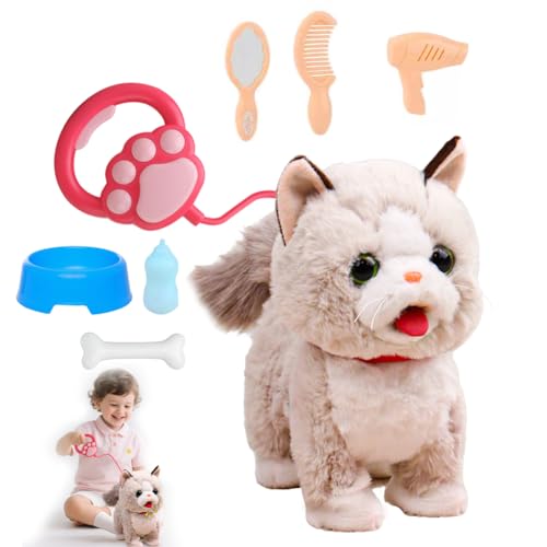 Interaktives Katze Spielzeug für Kinder, Plüschtierkatze mit Ferngesteuerter Leine, Elektronische Haustiere Katze Spielzeug der Läuft und Bellt für Kinder Mädchen Junge Geschenk von Zinueen
