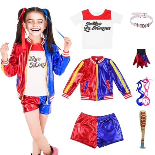 Zinueen Quinn Kostüm Kinder Cosplay-Kostüm Mädchen mit Jacke, T-Shirt, Shorts, Handschuh, Aufblasbarer Baseballschläger für Halloween Karneval Cosplay von Zinueen