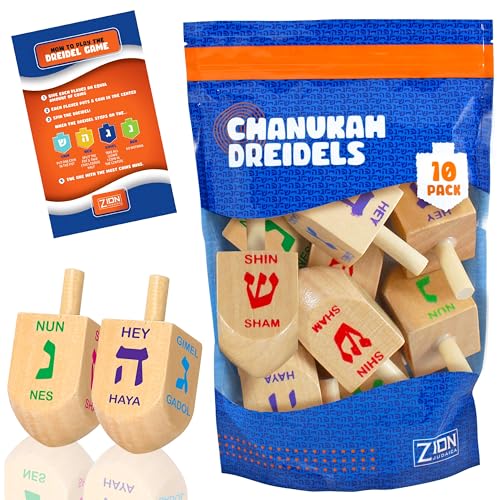 Zion Judaica 10 Pack Holz Dreidel für Chanukka mit Dreidel Game Guide in einem wiederverwendbaren Druckverschlussbeutel Mittelgroße Großpackung Holz Chanukah Driedels mit Buchstaben und englischer von Zion Judaica Ltd