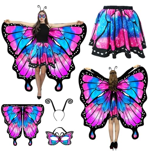 Ziwijity Schmetterlingsflügel-Kostüme für Damen, Halloween-Schmetterlings-Umhang mit Rock, Erwachsene, Feen-Kostüm-Party-Set, Pinkblau, Einheitsgröße Ziwijity Schmetterlingsflügel-Kostüme für Damen, Halloween-Schmetterlings-Umhang mit Rock, Erwachsene, Feen-Kostüm-Party-Set, Pinkblau, Einheitsgröße von Ziwijity