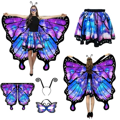 Ziwijity Schmetterlingsflügel-Kostüme für Damen, Halloween-Schmetterlings-Umhang mit Rock, Erwachsene, Feen-Kostüm-Party-Set, himmelblau, Einheitsgröße Ziwijity Schmetterlingsflügel-Kostüme für Damen, Halloween-Schmetterlings-Umhang mit Rock, Erwachsene, Feen-Kostüm-Party-Set, himmelblau, Einheitsgröße von Ziwijity