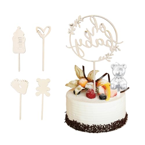 5 Stück Oh Baby Cake Topper Holz mit Silberner Bär Geburtstagskerzen, Kuchen Topper Babyparty Deko Kreative Baby Shower Deko Eine Windeltorte für Mädchen Junge Gender Reveal Partydeko von Ziyonix