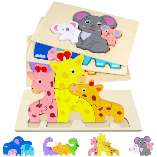 Holzpuzzle für Kleinkinder von 1-3 Jahren, 4 Stück Steckpuzzle Montessori Spielzeug für Kinder, Lernendes Pädagogisches Holzpuzzle mit 4 Tiermustern, Holzspielzeug Puzzle Geschenk für Jungen Mädchen von Zkaoai