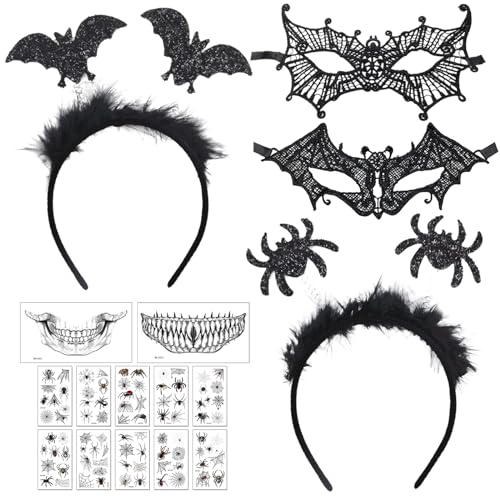 7 Stück Halloween Maske Kostüm, Halloween Haarreif, Venezianische Maske, Vampir Spinne Fledermaus Haarreifen mit Temporäre Tattoos, Halloween Kostüm Zubehör für Frauen Karneval Maskenball Cosplay von Zkaoai