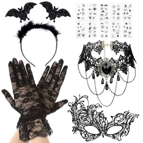Halloween Steampunk Damen Zubehör, 5 Stück Halloween Kostüm Zubehör, Gothic Schwarze Spitze Handschuhe Halskette Augenmaske Haarband, Gothic Kostüm Zubehör für Halloween Karneval Kostüm Party Cosplay von Zkaoai