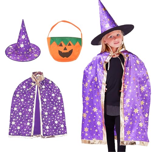 Kinder Halloween Kostüm, Zauberer Umhang mit Hut, Hexe Kostüm, Kürbis Candy Bag und 20 Tattoos Aufkleber für Halloween Cosplay Party von Zkaoai