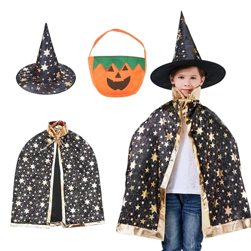 Kinder Halloween Kostüm, Zauberer Umhang mit Hut, Hexe Kostüm, Kürbis Candy Bag und 20 Tattoos Aufkleber für Halloween Cosplay Party Kinder Halloween Kostüm, Zauberer Umhang mit Hut, Hexe Kostüm, Kürbis Candy Bag und 20 Tattoos Aufkleber für Halloween Cosplay Party von Zkaoai