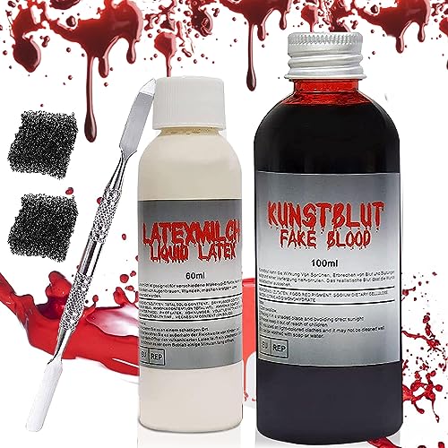Kunstblut & Latexmilch Makeup Set, Fake Blood mit 2 Make-up Schwamm und Spatel, Kunstblut Auswaschbar, Fake Blut für Kinder Halloween Cosplay Bühne Kunstblut(100ml) (A) von Zkaoai
