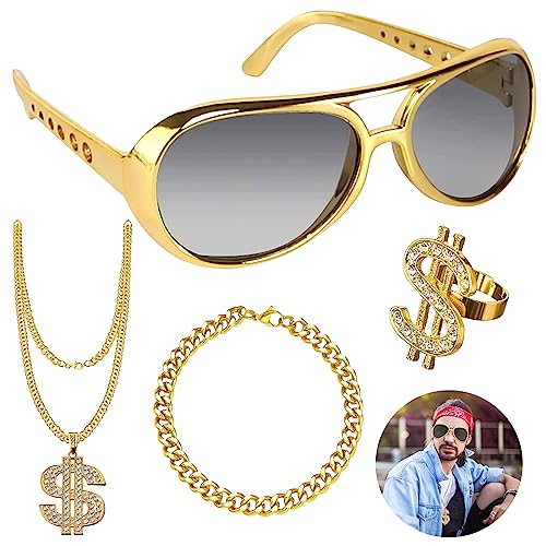 Zkaoai 4 Stück Dollar Kette set, Dollar Zeichen Halskette Ringe Sonnenbrille Goldkette Set, Hip Hop Kostüm Set, Hip Hop Kostüm Accessories Set, 80er 90er Jahre Kostüme Outfits und Accessoires von Zkaoai