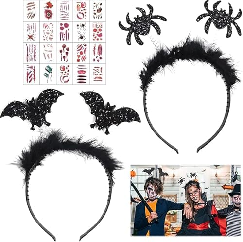 Zkaoai Halloween Haarreif Set, Fledermaus Haarreifen, Halloween Spinnen Stirnband, Venezianische Maske Damen mit Halloween Tattoo Aufkleber, für Halloween Karneval Kostüm Party Maskenball von Zkaoai