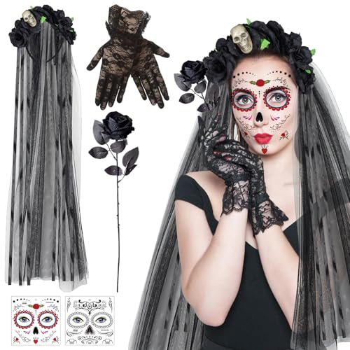 Zkaoai Karneval Kostüm Damen, Dia De Los Muertos Haarreif Schleier, Künstliche Blumen Rose Spitzenhandschuhe Schwarz Gesicht Tattoos, Karneval Haarschmuck für Karneval, Karneval Kostüm Accessoires Zkaoai Karneval Kostüm Damen, Dia De Los Muertos Haarreif Schleier, Künstliche Blumen Rose Spitzenhandschuhe Schwarz Gesicht Tattoos, Karneval Haarschmuck für Karneval, Karneval Kostüm Accessoires von Zkaoai