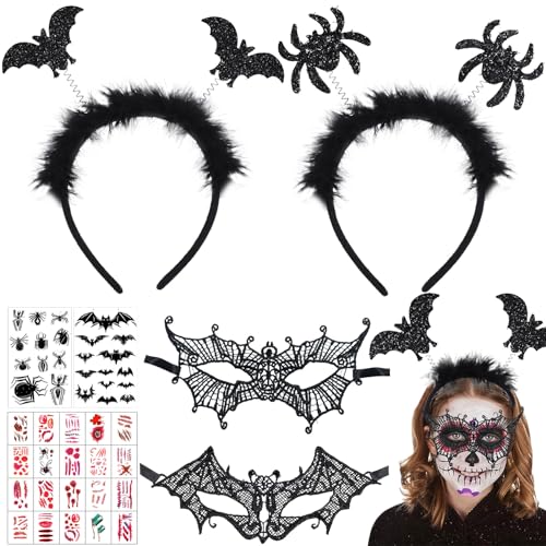 Zkaoai Halloween Kostüme Fledermaus Haarreifen, Spinne Haarreifen mit Glitzereffekt, Augenmaske Fledermaus aus Spitze, Spinnen Halloween Temporäre Tattoos für Karneval Fasching Halloween Party Kostüm von Zkaoai