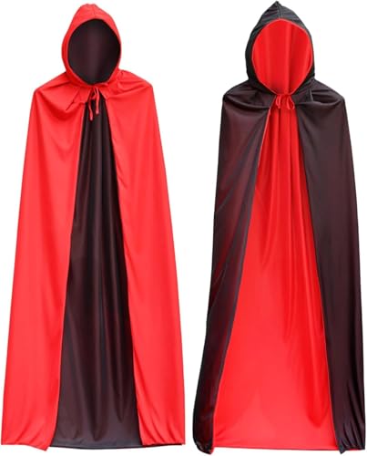Karneval Umhang mit Kapuze, 90 cm Kapuzenumhang Schwarz Rot Doppelseitig, Vampir Umhang, Karneval Kostüm mit Karneval Tattoo Aufkleber, Cosplay Vampir Erwachsener Kinder Für Karneval Kostüm von Zkaoai