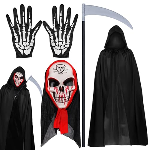 Zkaoai Halloween Umhang Set, Schwarzer Umhang mit Kapuze + Halloween Gesicht Maske + Skelett Handschuhe + Sense Des Todes, Halloween Skelett Kostüm, Halloween Hexe Umhang für Halloween, Maskerade von Zkaoai