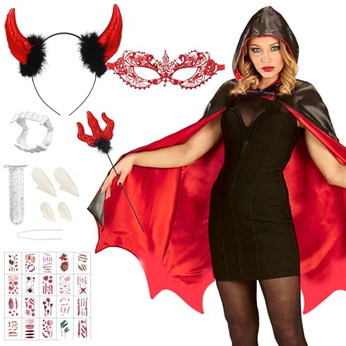 Teufel Kostüm Damen, Vampir Kostüm Damen, Schwarzer Roter Umhang Karneval, Teufel Kostüm, Vampir Umhang Frauen, mit Teufelsgabel Teufelshörner Temporäre Tattoo Vampirzähne für Karneval, Cosplay Teufel Kostüm Damen, Vampir Kostüm Damen, Schwarzer Roter Umhang Karneval, Teufel Kostüm, Vampir Umhang Frauen, mit Teufelsgabel Teufelshörner Temporäre Tattoo Vampirzähne für Karneval, Cosplay von Zkaoai