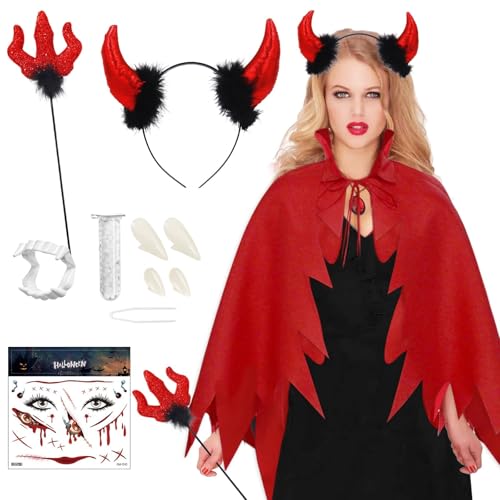 Teufel Kostüm Damen, Vampir Kostüm Damen, Schwarzer Roter Umhang Karneval, Teufel Kostüm, Vampir Umhang Frauen, mit Teufelsgabel Teufelshörner Temporäre Tattoo Vampirzähne für Karneval, Cosplay Teufel Kostüm Damen, Vampir Kostüm Damen, Schwarzer Roter Umhang Karneval, Teufel Kostüm, Vampir Umhang Frauen, mit Teufelsgabel Teufelshörner Temporäre Tattoo Vampirzähne für Karneval, Cosplay von Zkaoai