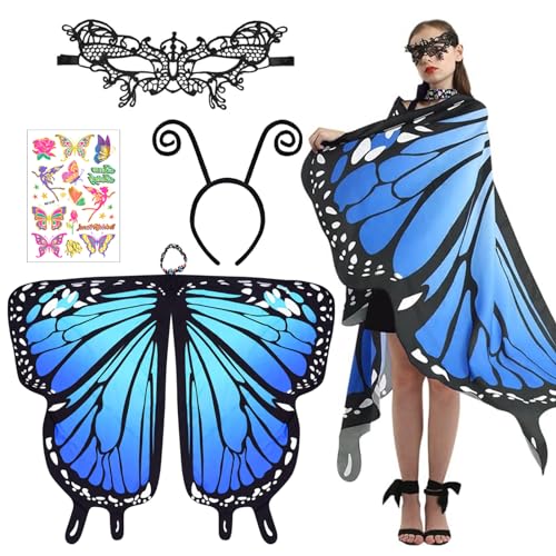Zkaoai Schmetterling Kostüm Damen, Schmetterlingsflügel Erwachsene mit Spitze Maske und Schwarzem Haarreifen mit Fühlern, Faschingskostüme Damen Umhang, Flügel Schmetterling Umhang für Karnevel Kostüm von Zkaoai