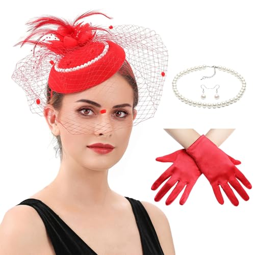 Zktfyshk 2025 Hut für Frauen, gefiederter Fascinator, Hut und Halskette, Ohrringe, Spitze, kurze Handschuhe, Set für Tee, Party, Hochzeit von Zktfyshk