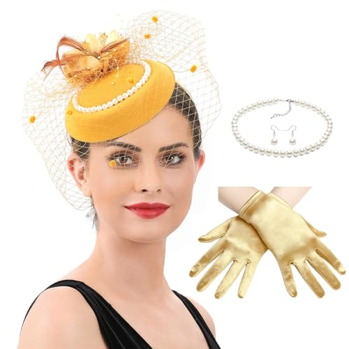 Zktfyshk 2025 Hut für Frauen, gefiederter Fascinator, Hut und Halskette, Ohrringe, Spitze, kurze Handschuhe, Set für Tee, Party, Hochzeit von Zktfyshk