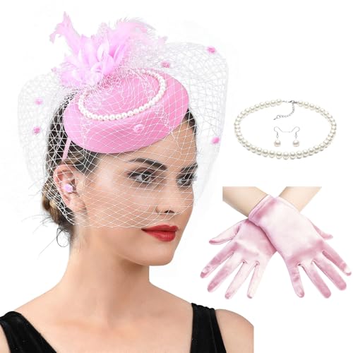 Zktfyshk 2025 Hut für Frauen, gefiederter Fascinator, Hut und Halskette, Ohrringe, Spitze, kurze Handschuhe, Set für Tee, Party, Hochzeit von Zktfyshk