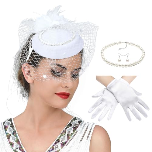 Zktfyshk 2025 Hut für Frauen, gefiederter Fascinator, Hut und Halskette, Ohrringe, Spitze, kurze Handschuhe, Set für Tee, Party, Hochzeit Zktfyshk 2025 Hut für Frauen, gefiederter Fascinator, Hut und Halskette, Ohrringe, Spitze, kurze Handschuhe, Set für Tee, Party, Hochzeit von Zktfyshk