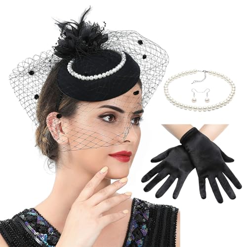 Zktfyshk 2025 Hut für Frauen, gefiederter Fascinator, Hut und Halskette, Ohrringe, Spitze, kurze Handschuhe, Set für Tee, Party, Hochzeit Zktfyshk 2025 Hut für Frauen, gefiederter Fascinator, Hut und Halskette, Ohrringe, Spitze, kurze Handschuhe, Set für Tee, Party, Hochzeit von Zktfyshk