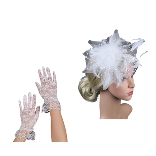 Zktfyshk Eleganter Spitzenschleier Fascinator Hut und Handgelenk Spitze Handschuhe Set Haarschmuck für Braut Hochzeit Vintage Teeparty von Zktfyshk