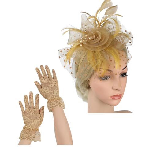 Zktfyshk Eleganter Spitzenschleier Fascinator Hut und Handgelenk Spitze Handschuhe Set Haarschmuck für Braut Hochzeit Vintage Teeparty Zktfyshk Eleganter Spitzenschleier Fascinator Hut und Handgelenk Spitze Handschuhe Set Haarschmuck für Braut Hochzeit Vintage Teeparty von Zktfyshk