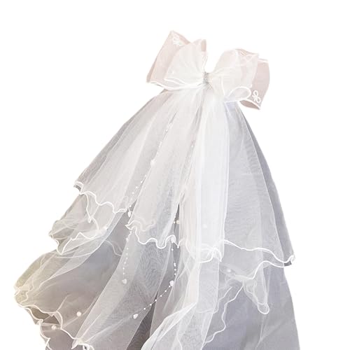 Zktfyshk Elegantes weißes Schleier- und Kopfschmuck-Set für Mädchen, Erstkommunion, verstellbar, 3D-Schleifen-Design, leichte Tüll-Kleidung von Zktfyshk