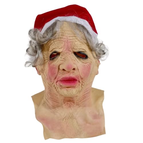Zkydhbd Halloween Weihnachten Alte Frauen Gesichtsdecke Kopfbedeckung Mit Weihnachtshut Full Head Face Cover Für Weihnacht Cosplay Halloween Full Head Maske von Zkydhbd