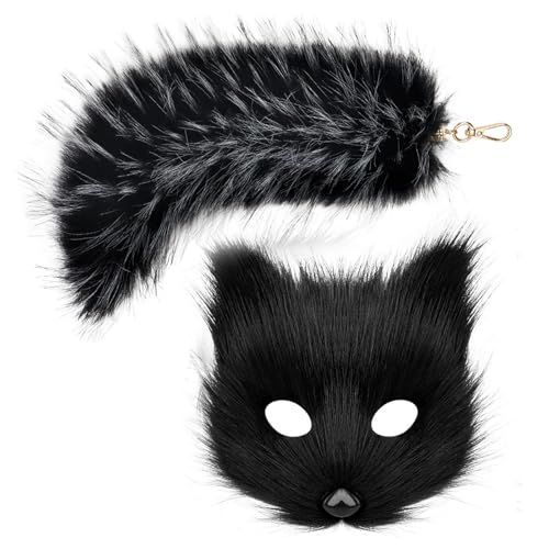 Zkydhbd Wolf Füchse Gesichtsabdeckung Kostüm Plüsch Tierschwanz Schlüsselbund Halloween Tierkostüm Dekoration Accessoires Für Frauen Weihnachten von Zkydhbd