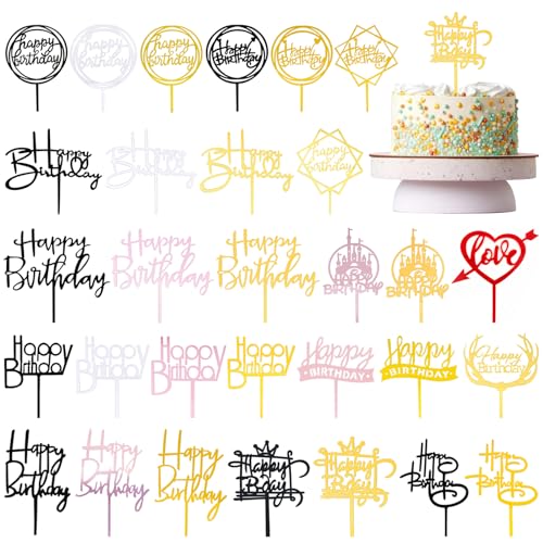 30 Stück Happy Birthday Tortendeko, Gold Happy Birthday Cake Topper Set, Acryl Glitter Cupcake Topper Set, für Geburtstagsdeko, Tortenstecker Geburtstag Kuchendeckel für Kinder und Erwachsene von Zliger