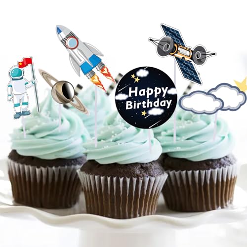 Astronaut Kuchen Dekorieren, 30 Stück Astronauten Tortendeko Weltraum Cupcake Topper Raketen Sterne Planeten Geburtstag Dekorationen Topper für Raum Thema Rakete Party von ZmdecQna