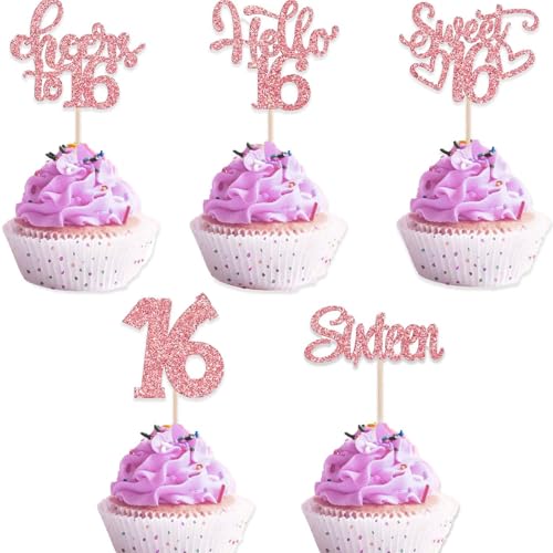 Cupcake-Topper zum 16. Geburtstag, Roségold, glitzernd, für 16. Geburtstag, Kuchendekoration für 16. Geburtstag Cupcake-Topper zum 16. Geburtstag, Roségold, glitzernd, für 16. Geburtstag, Kuchendekoration für 16. Geburtstag von ZmdecQna