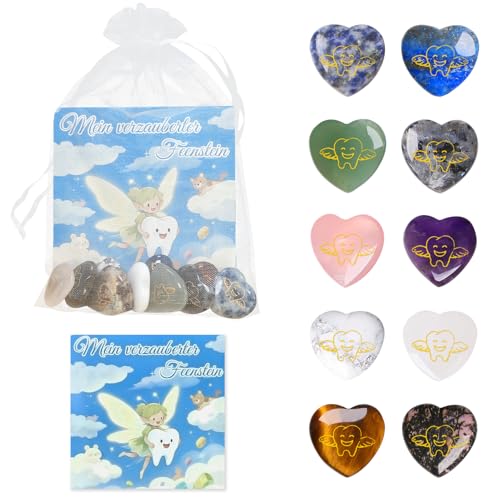 10x Glücksstein Zahnfee, Feensteine mit Grußkarte und Organza Beutel, Glücksbringer Herz mit Zahnfee, Bunte Herzen Steine, Zahnfee Geschenke Mädchen und Junge, Verlorener Zahn Souvenir von Znnhnn