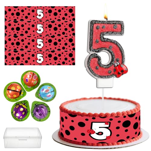 4 Stück Tortenband Marienkäfer Essbar 24cm x 5cm,Marienkäfer Nummer 5 Geburtstag Kuchenkerze,5 Stück Schokolade,Geburtstagsdeko für 5. Geburtstag Kinder Party,Cake Decorations(Rot-5S) von Znnhnn