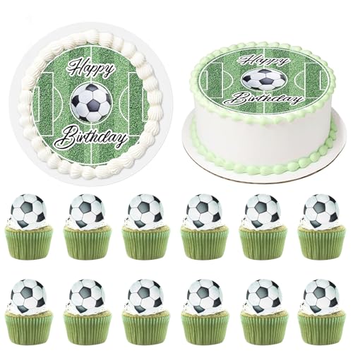 Tortenaufleger Fußball,50 Stück Cupcake Topper Essbare 4 cm+1 Stück Essbar Tortendeko Ø 20 cm,Tortendeko Fussball Essbarer,Tortenaufleger Fußballfeld,Kuchen Dekoration für Kinder Jungen Geburtstag von Znnhnn