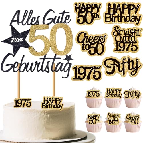 Essbare Tortendeko 50 Geburtstag Mann Frau,48 Stück Cupcake Toppers Essbar+1 Stück Torten Deko 50 Geburtstag,Kuchendekoration 50th für Jahrestag Hochzeitstag Party von Znnhnn