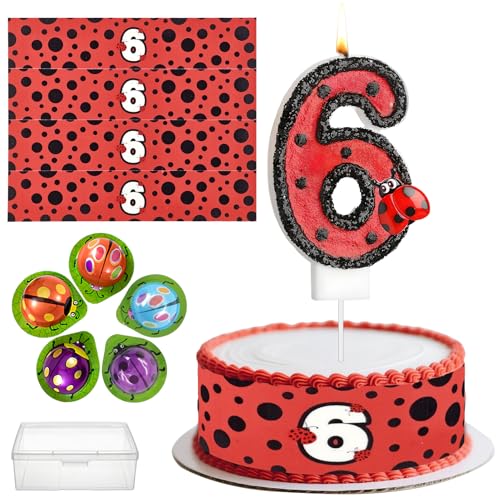 4 Stück Tortenband Marienkäfer Essbar 24cm x 5cm,Marienkäfer Nummer 6 Geburtstag Kuchenkerze,5 Stück Schokolade,Geburtstagsdeko für 6. Geburtstag Kinder Party,Cake Decorations(Rot-6S) von Znnhnn