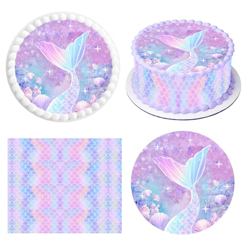 Tortenaufleger Meerjungfrau,1 Stück Essbare Kuchendeko Ø 20 cm+4 Stück Tortenband Essbar 24cm x 5cm,Meerjungfrau Tortendeko für Mädchengeburtstag,Tortenbild Meer Thema Party von Znnhnn