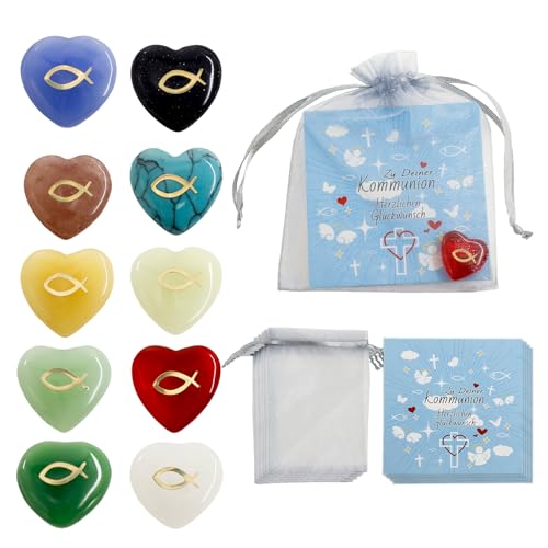 30pcs Mitgebsel Kommunion Gastgeschenke, 10x Glücksbringer Herz mit Fisch, Glückssteine für Kinder Erwachsene,Glückssteine als Mitgebsel Kindergeburtstag/Gastgeschenk Taufe/Gastgeschenke Konfirmation von Znnhnn