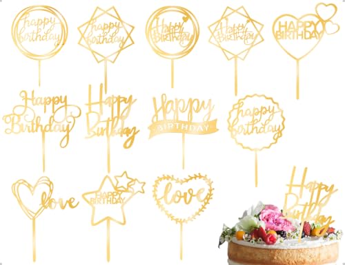 ZoeTekway 12 Stück Happy Birthday Tortendeko Set,Wiederverwendbar Acryl Glitter Spiegel Geburtstag Cupcake Schmücken,verwendet für Mädchen,Kinder,Hochzeit,Desserts,Gebäck Deko(Gold) von ZoeTekway