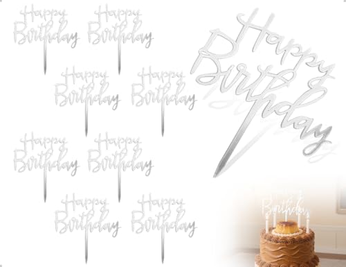 ZoeTekway 8 Stück Happy Birthday Tortendeko,Wiederverwendbarcake Acryl Kuchendekoration,verwendet für Babyparty Geburtstag Jubiläen Party Zuhause Desserts(Silber) von ZoeTekway
