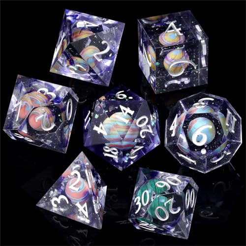 DND Würfel Set, 7-teilig Polyedrische Handgefertigt Harz Scharfe Ecken D&D Würfel mit Planeten im Inneren DND Spielwürfel für Dungeons and Dragons Pathfinder RPG MTG Pathfinder von ZoeWei