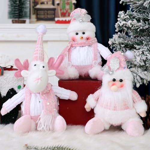 Dekoratives sitzender Weihnachtsmann, Schneemann, Rentier, Plüsch-Set mit Glitzerakzenten für Ferienhaus und Fensterdisplay (D) von Zoegneer